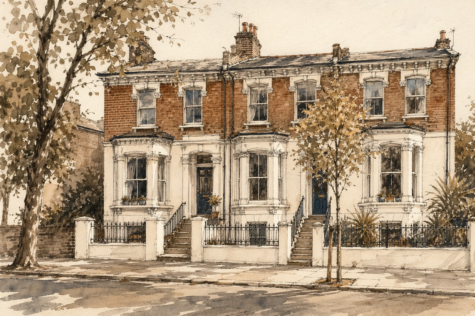Editorial pen-and-watercolor illustration of a row of London Victorian terraced houses
